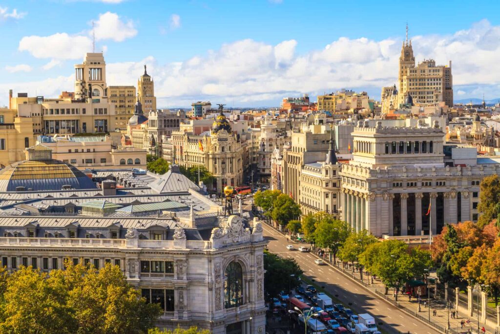 Flygvy över Madrids centrum och Gran Vía