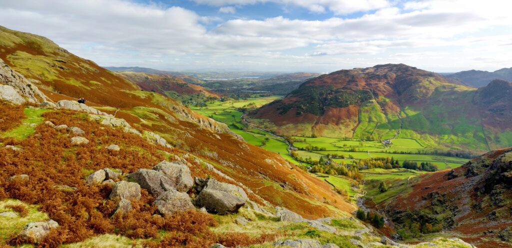 Klippig sluttning med höstfärgad ormbunke ovanför en grön dal och kullar i Lake District