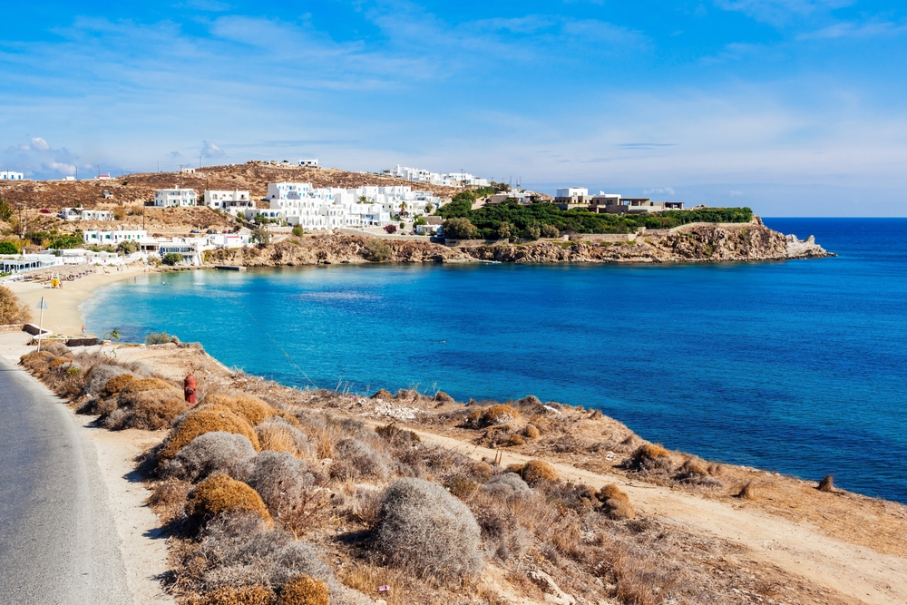 Stranden i Agios Stefanos på Mykonos