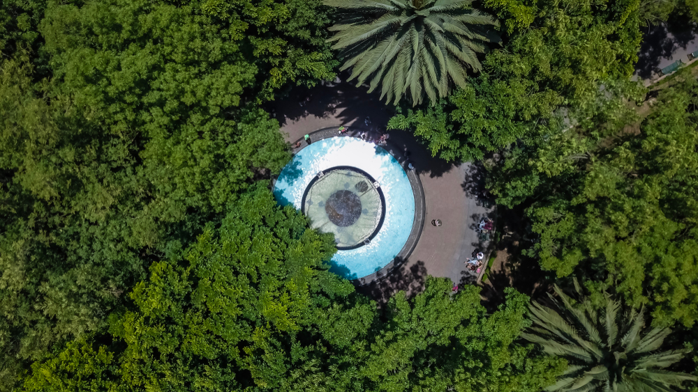 Flygfoto över kyrkan och parken i Coyoacán i Mexico City