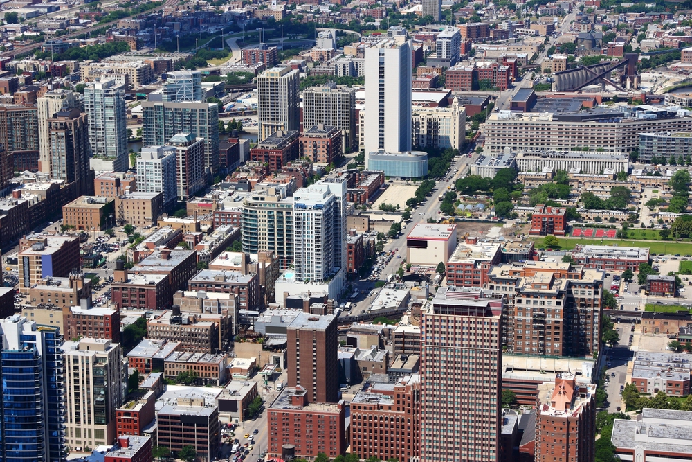 Flygfoto över stadsdelen River North i Chicago