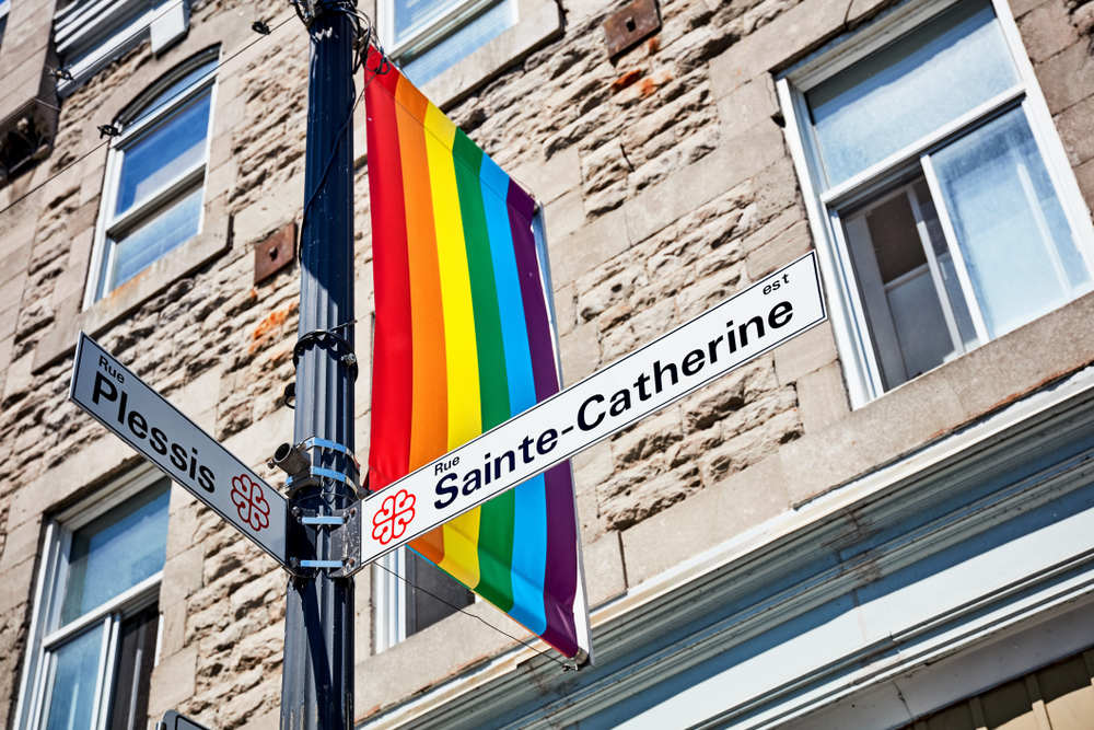 Gatuskyltar för Rue Sainte-Catherine och Rue Plessis med regnbågsflagga i The Village i Montreal