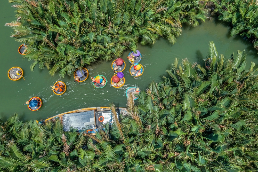 Korgbåtar i kokosskogen Bay Mau i Cam Thanh vid Hoi An