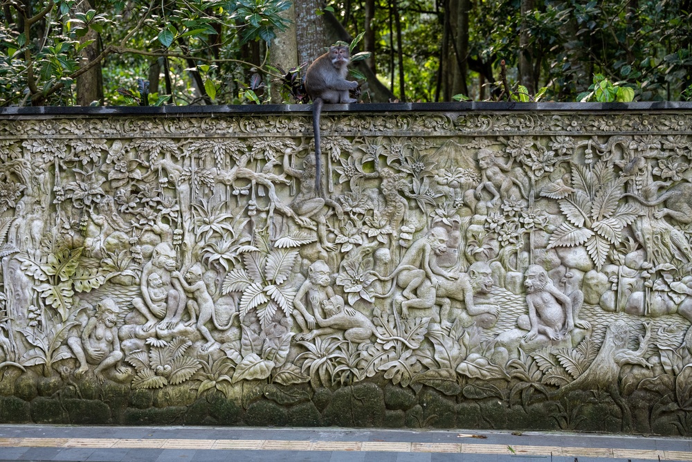 Makak på en stenrelief i Monkey Forest i Ubud