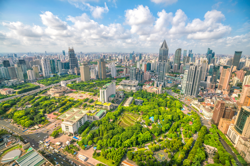 People's Square och parken i Shanghai sedda ovanifrån