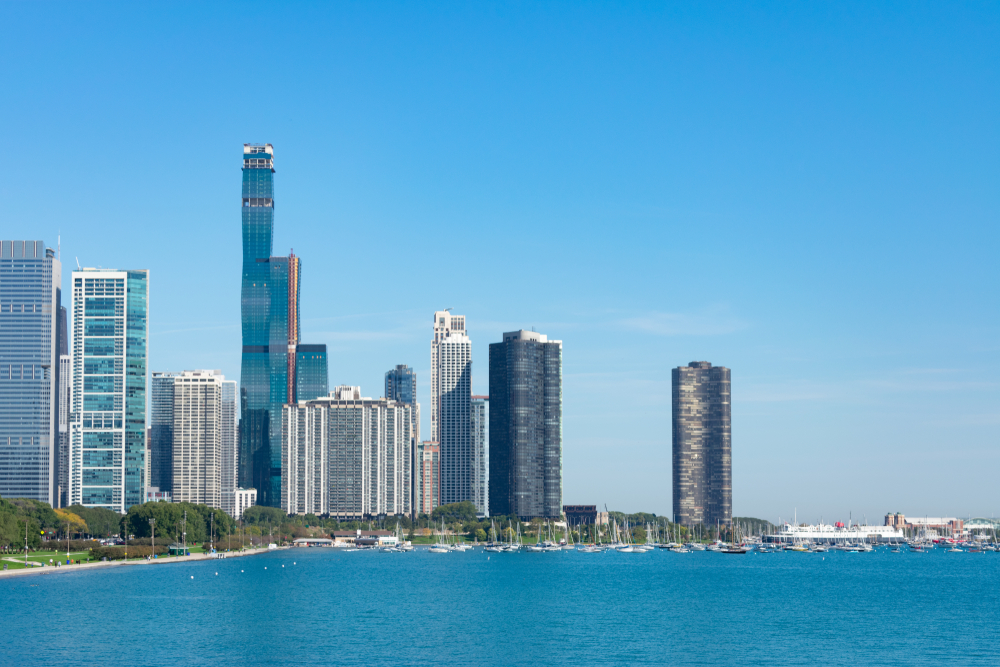 Streetervilles skyline vid Lake Michigan i Chicago