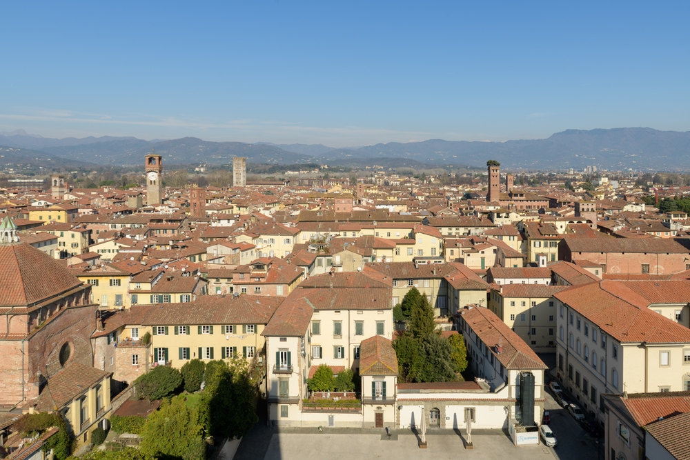 Utsikt över taken i Lucca med tornet Torre Guinigi