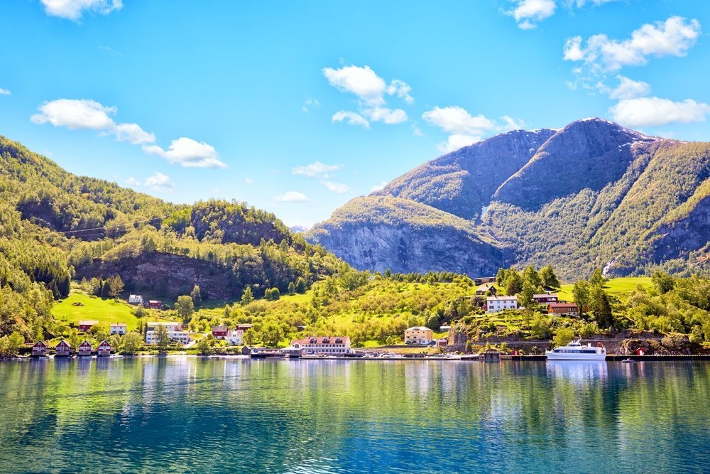 Flåm längst in i Aurlandsfjorden mellan branta fjäll