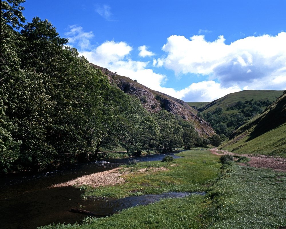 Floden Dove slingrar sig genom kalkstensdalen Dovedale norr om Ashbourne