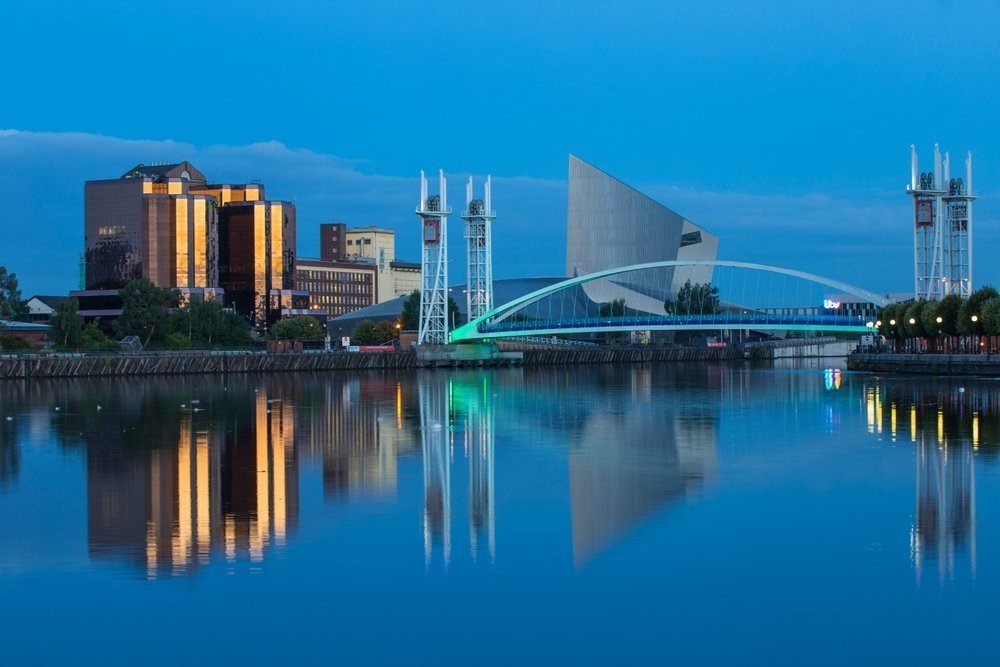 Gångbron och krigsmuseet IWM North vid Salford Quays