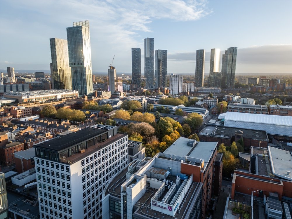Kontorsområdet Spinningfields vid Deansgate i Manchester