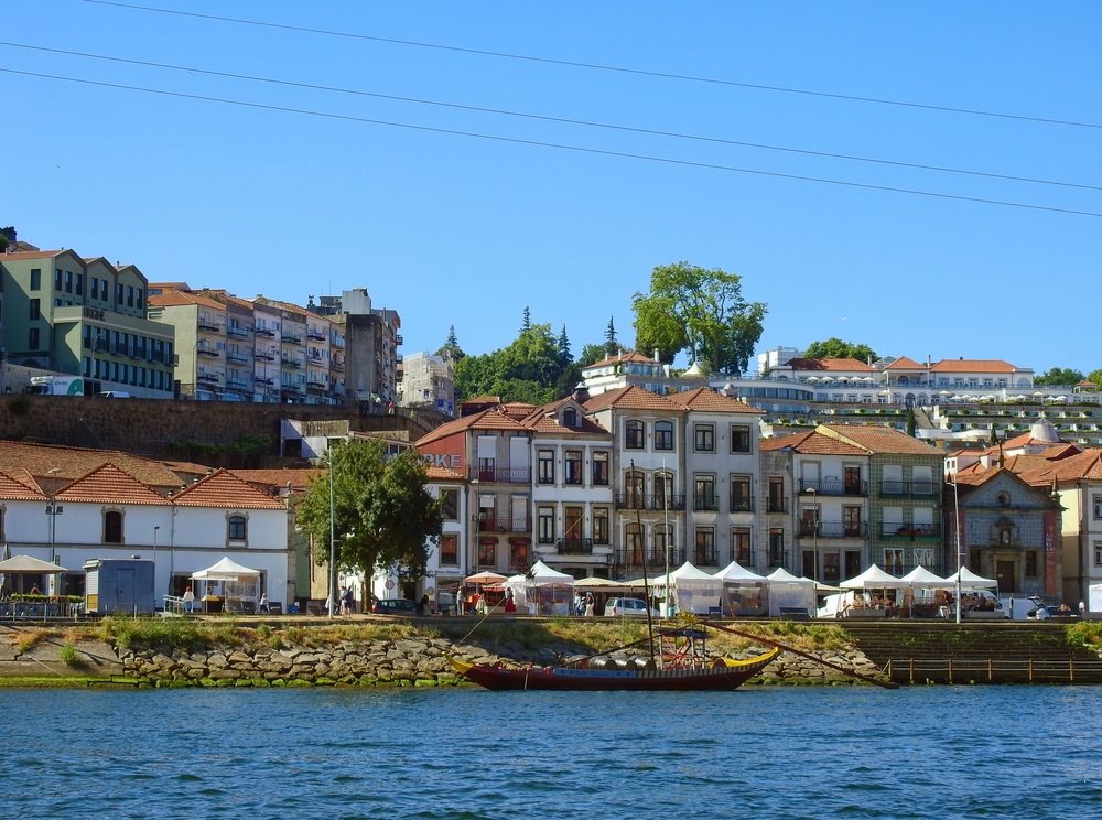 Panorama över flodstranden i Vila Nova de Gaia med portvinskällarna vid Dourofloden