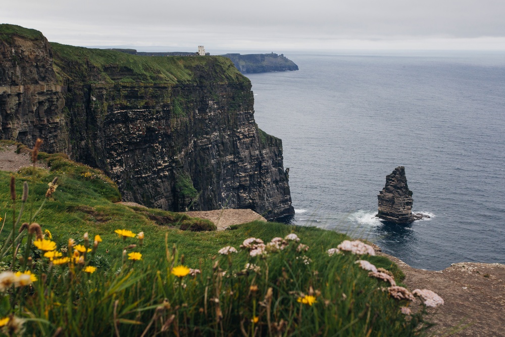 Cliffs of Moher med den karga kustlinjen i Irland